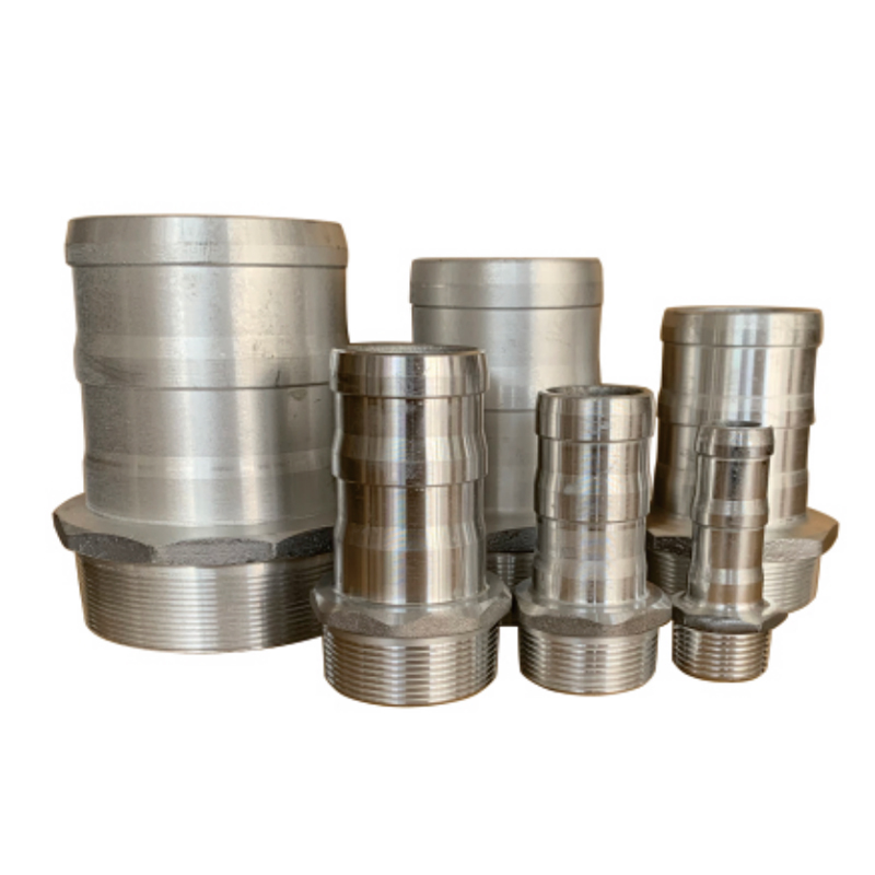 Adaptador de transferencia de fluidos industriales con rosca macho de aluminio y cola de manguera X –